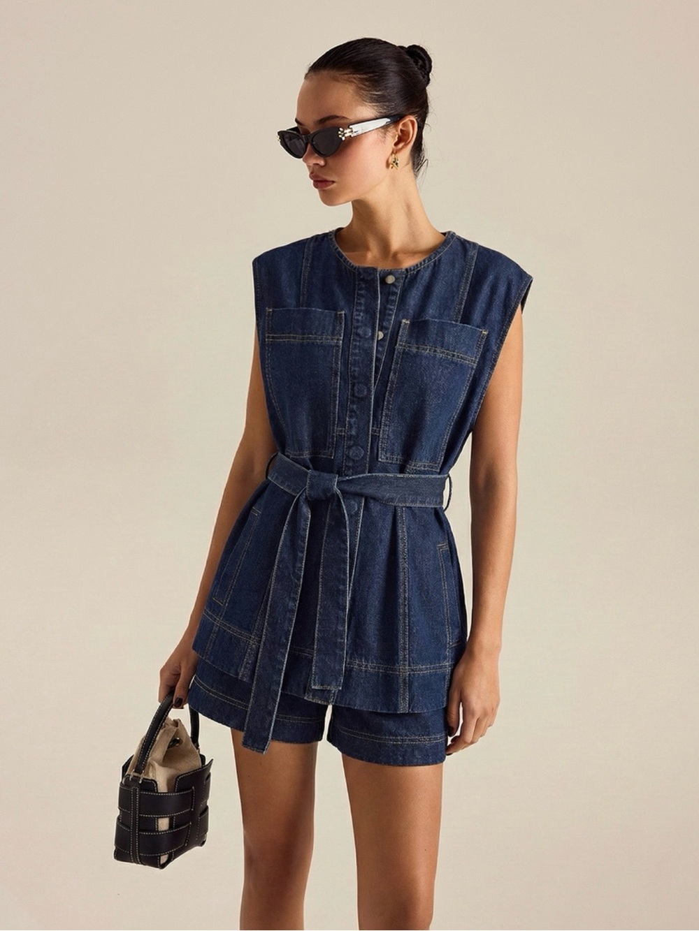 Commense Dark Blue Denim Sleeveless Belted Short Set